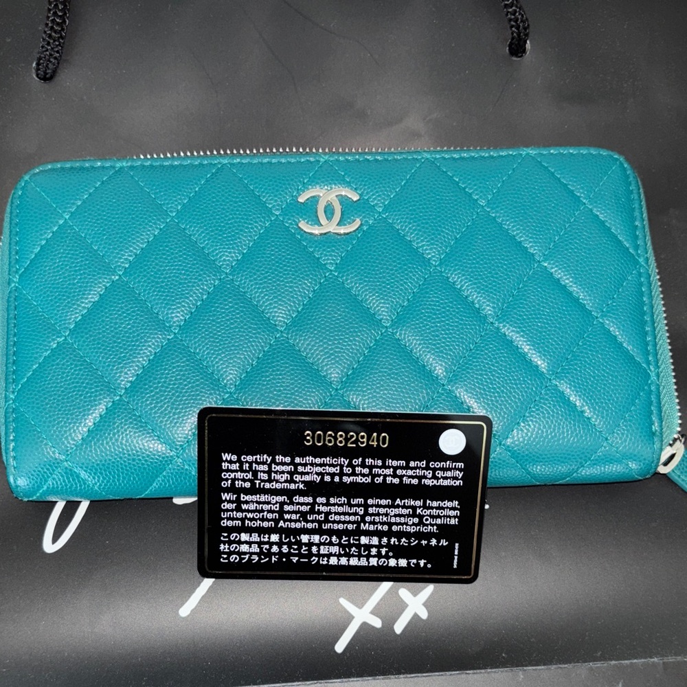 CHANEL Turquoise Quilted Wallet with Silver Logo